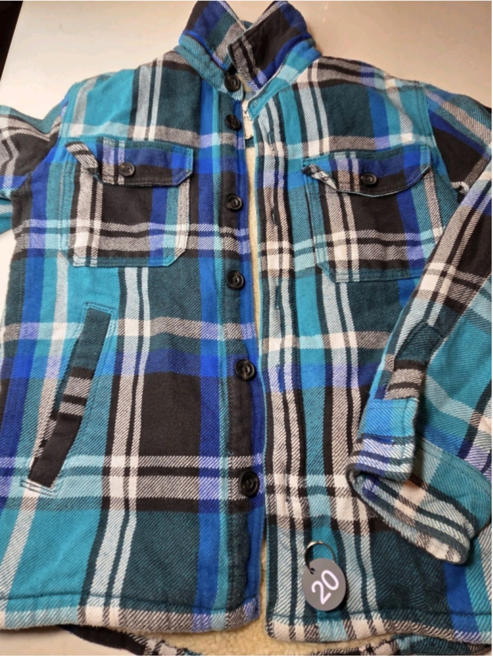 American Eagle Outfitters Sherpa Lined Plaid Flannel Shirt Jacket Blue Small #20